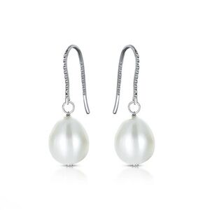 GENEVIVE BRIGITTE CLASSIC PEARL DROP EARRINGS RHODIUM PLATED STERLING SILVER NEW